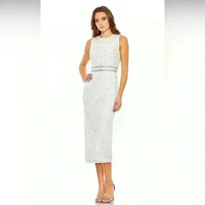 Mac Duggal Sleeveless High Neck Beaded Midi Sheath Dress White NWT Style 10509